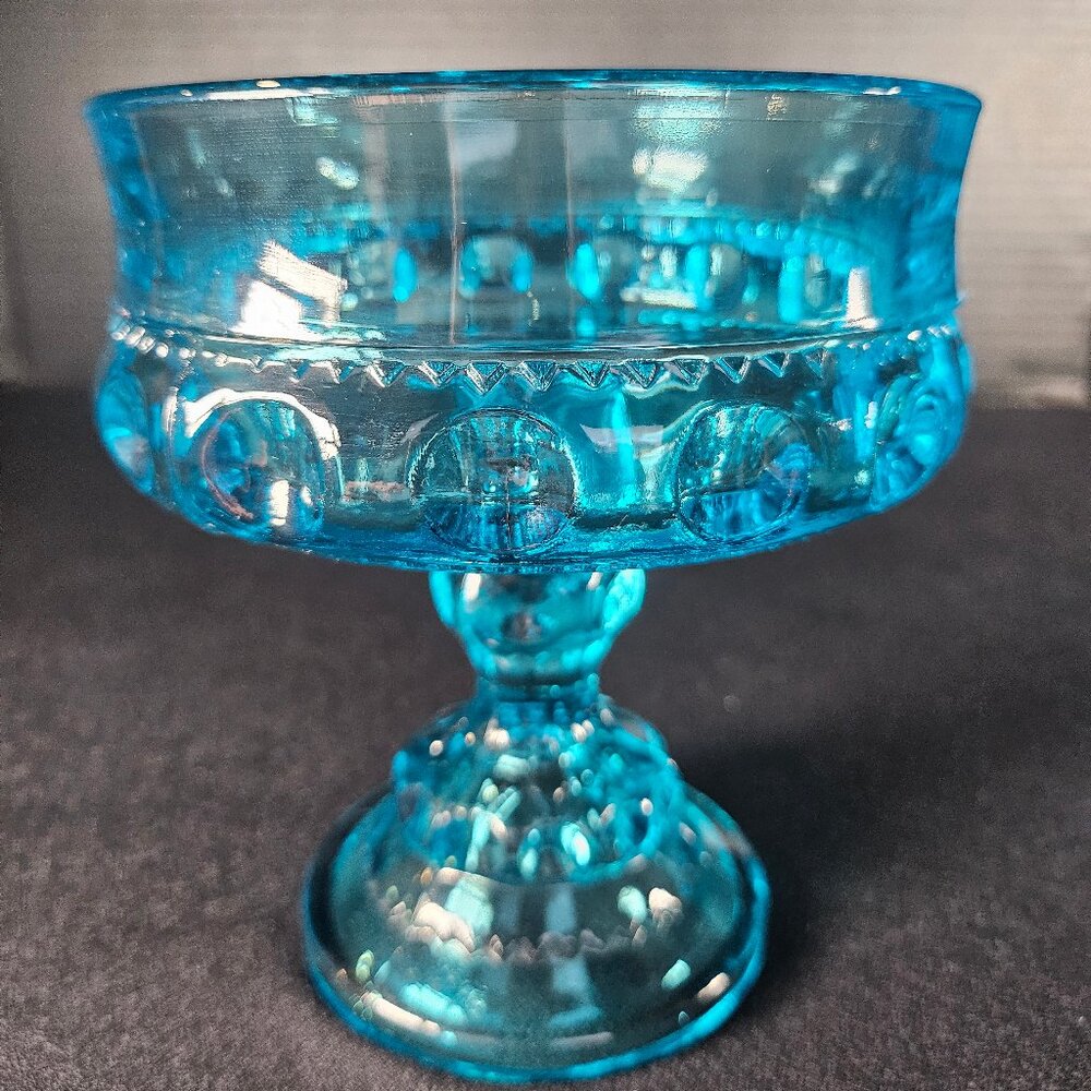 Beautiful Blue King's Crown Thumb Print Pedestal Candy Dish/Compote Bowl 1970s